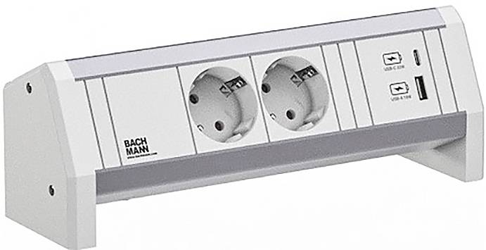 Dual European power sockets and two USB ports on a white panel, labeled with 'Bachmann'.