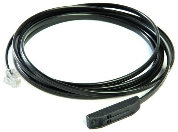 A coiled black sensor cable with a phone jack on one end and a flat sensor on the other, used for data collection or environmental monitoring.