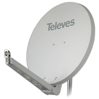 Satellite dish with the brand 'Televes' printed on it, mounted on a metal arm, used for receiving television and radio signals.
