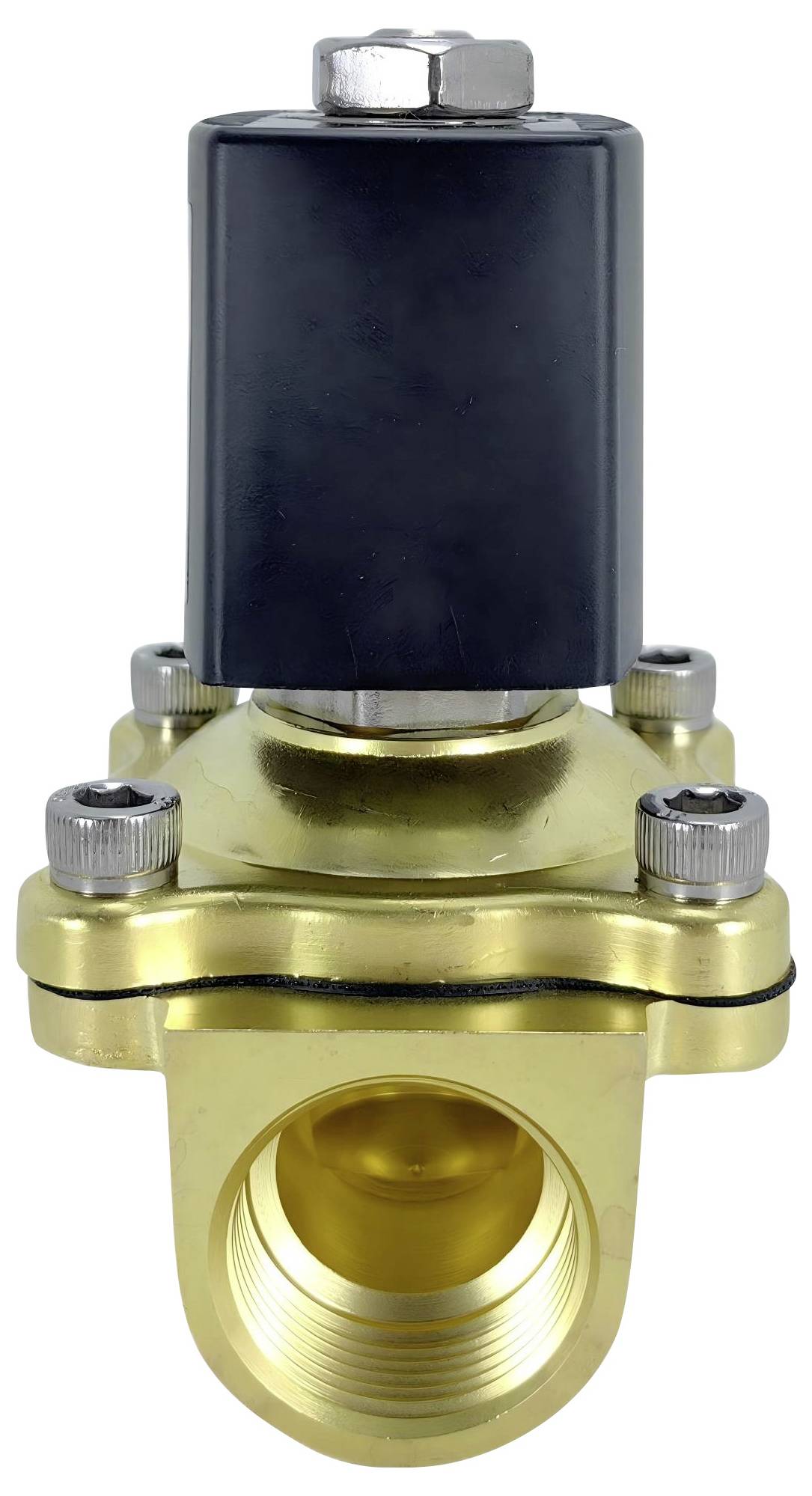 Brass solenoid valve with a black cylindrical actuator on top, designed for controlling fluid or gas flow in a pipeline.