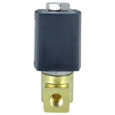 A solenoid valve with a black rectangular top and brass body, used for controlling fluid flow in various applications.