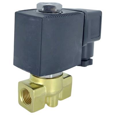 A metal solenoid valve with a black plastic cover, a brass body, and electrical connector on the side, used to control fluid flow.