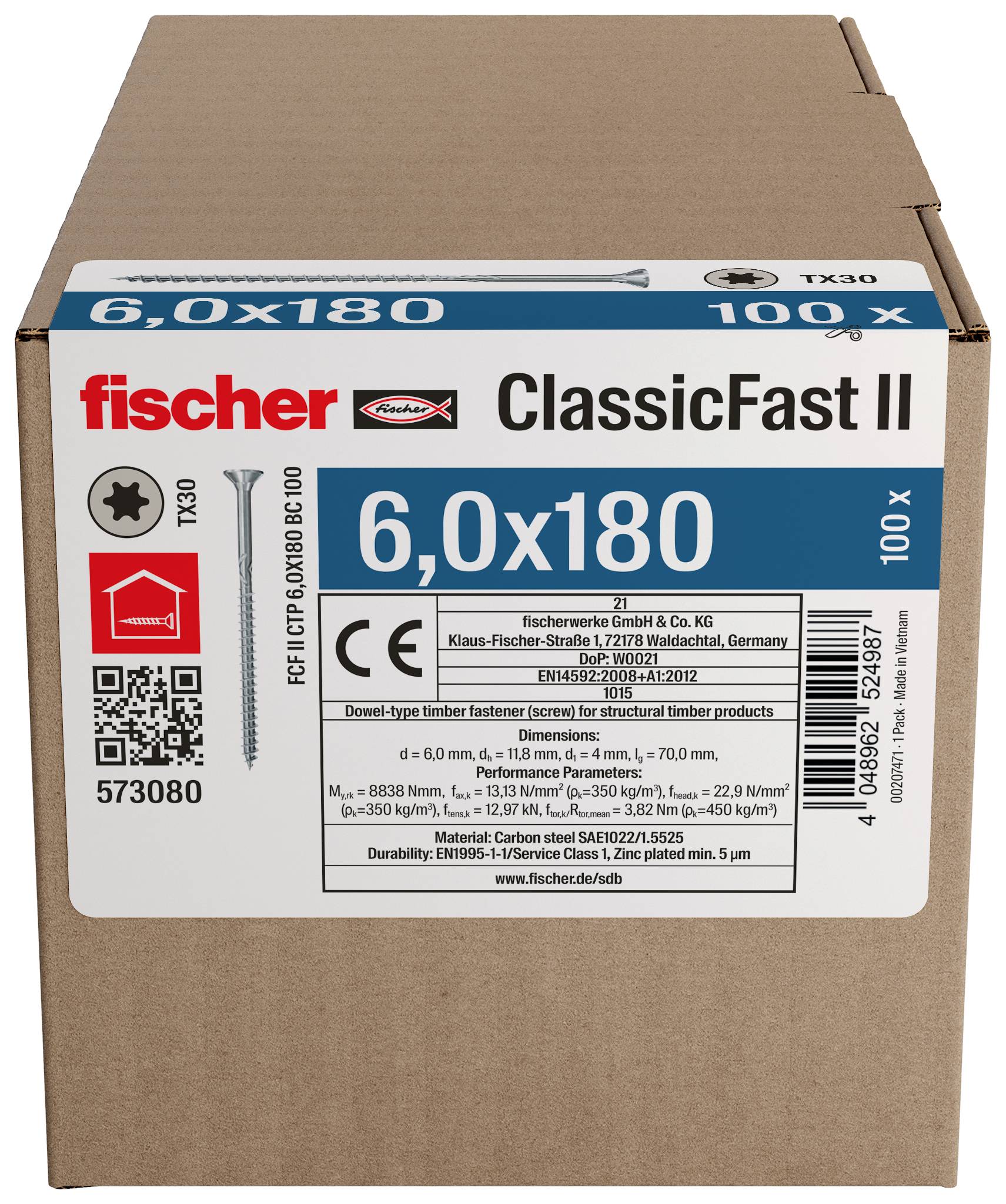 Cardboard box labeled 'fischer ClassicFast II 6,0x180' with 100 screws for timber fastening.