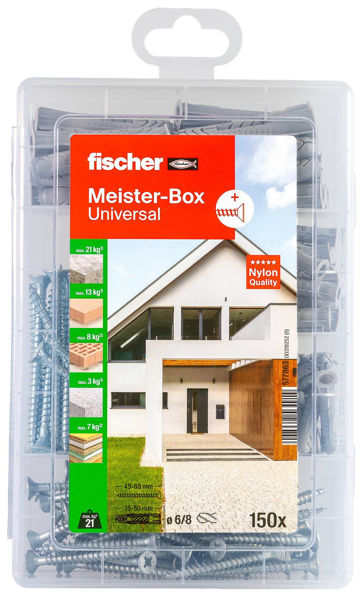 Package of Fischer Meister-Box Universal assorted wall plugs and screws, labeled up to 150 pieces, shown in a clear storage box.