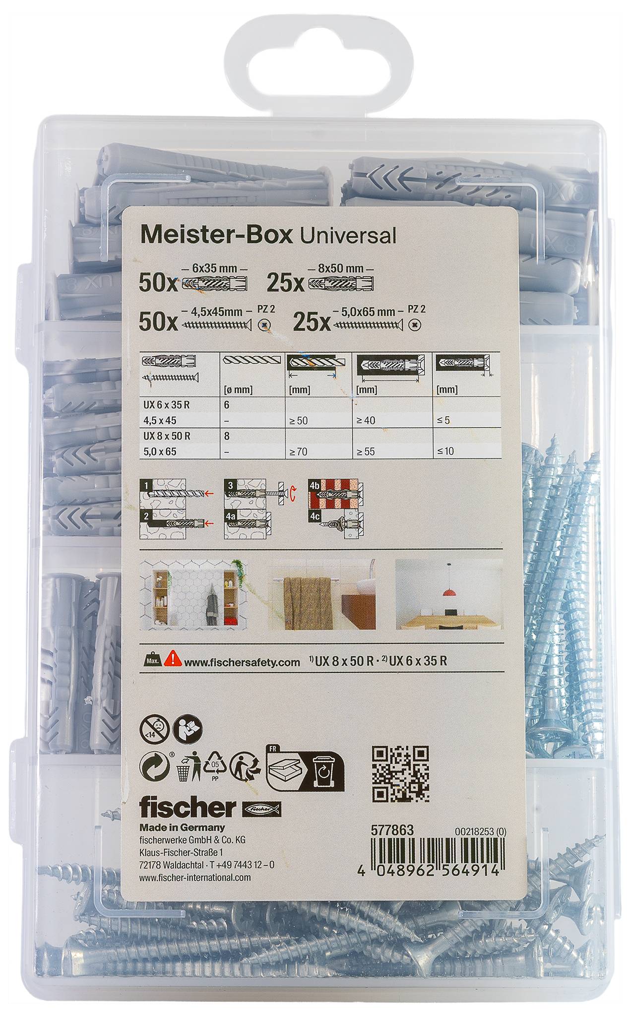 Clear plastic box of Fischer Meister-Box Universal screws and wall plugs, with labeled assorted sizes and product information on the front.