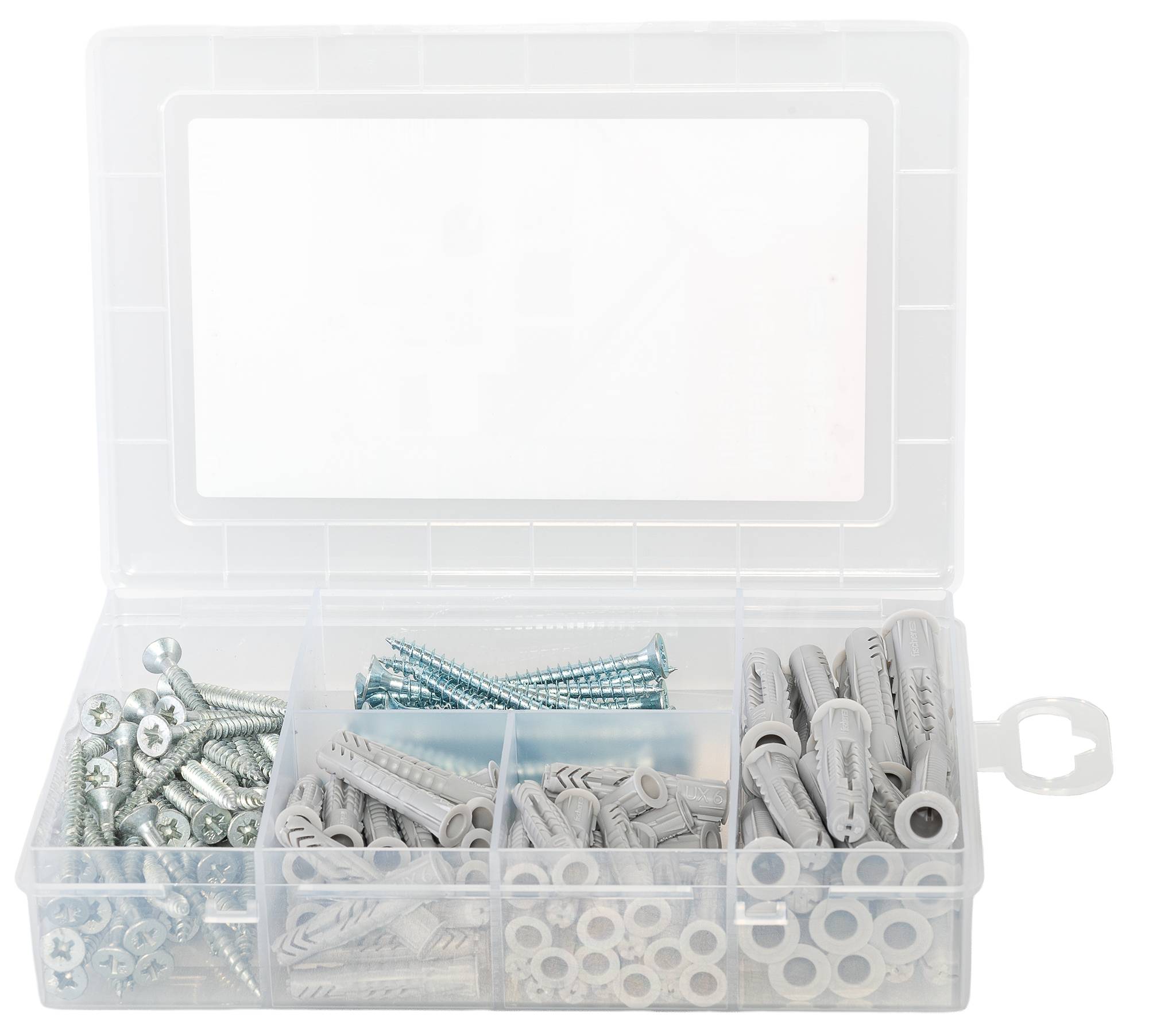 Open plastic organizer box with assorted screws and wall anchors in divided compartments<br>