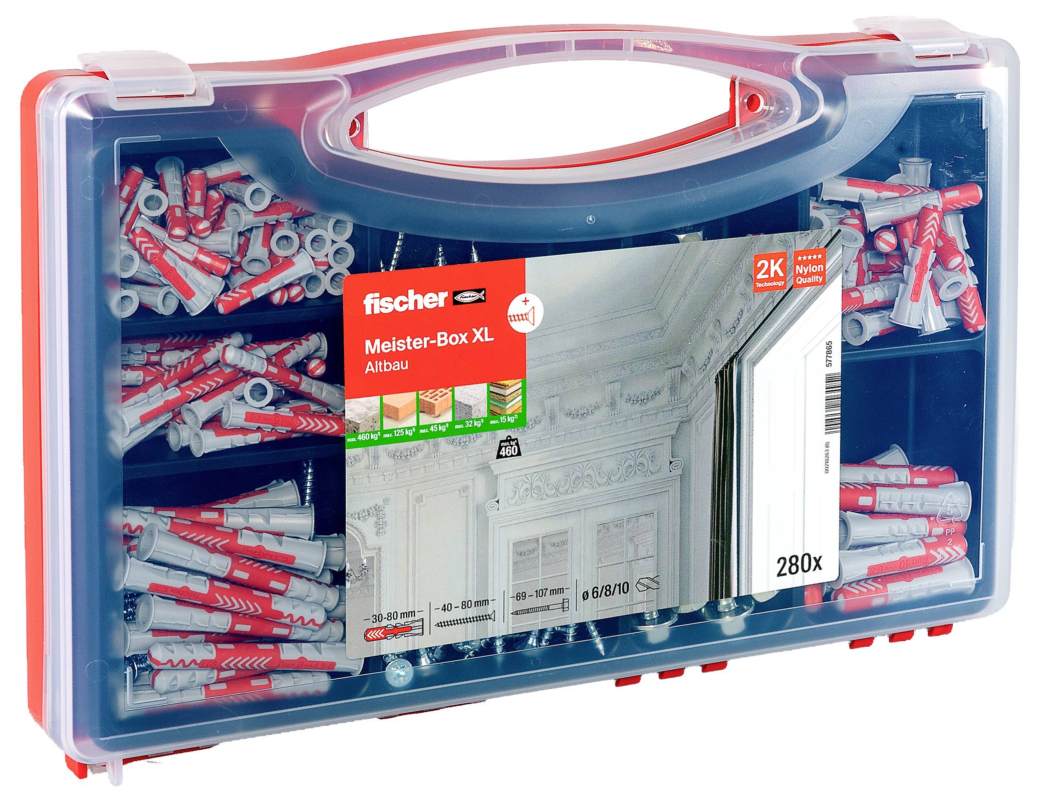 A transparent toolbox containing red and gray wall plugs, labeled 'fischer Meister-Box XL Altbau', with a decorative moldings image.