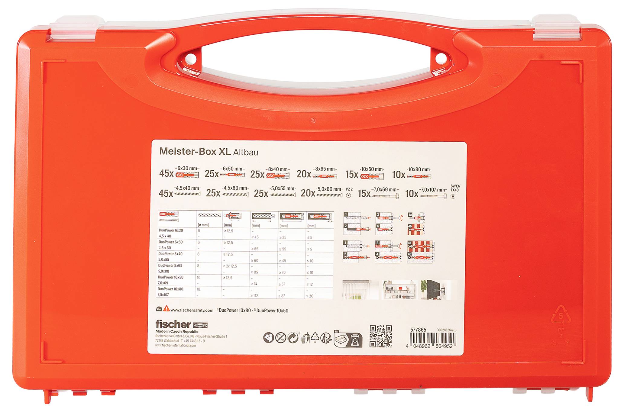 Red toolbox labeled 'Meister-Box XL Altbau' contains screws and plugs. Front label details quantity and size of contents with small chart.