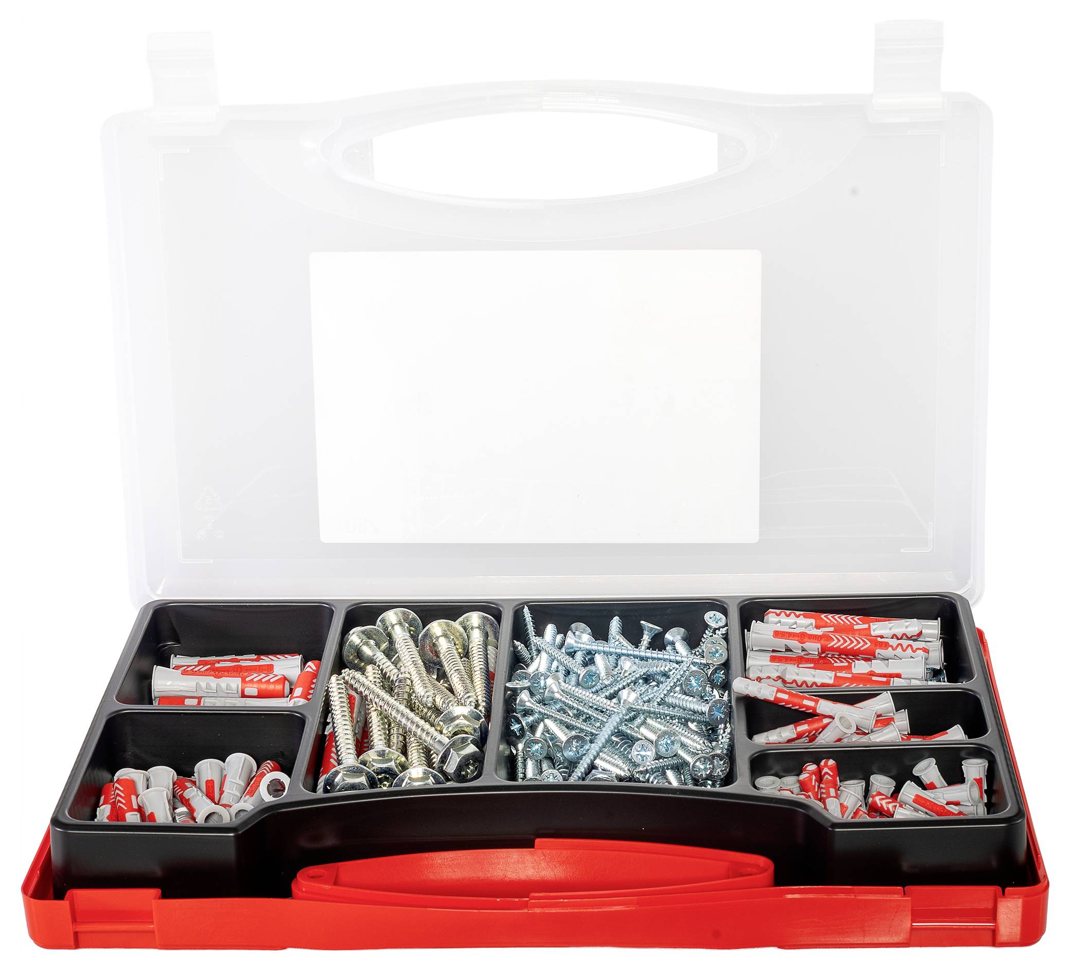 An open plastic organizer box containing various screws, wall plugs, and hardware accessories neatly sorted into compartments.
