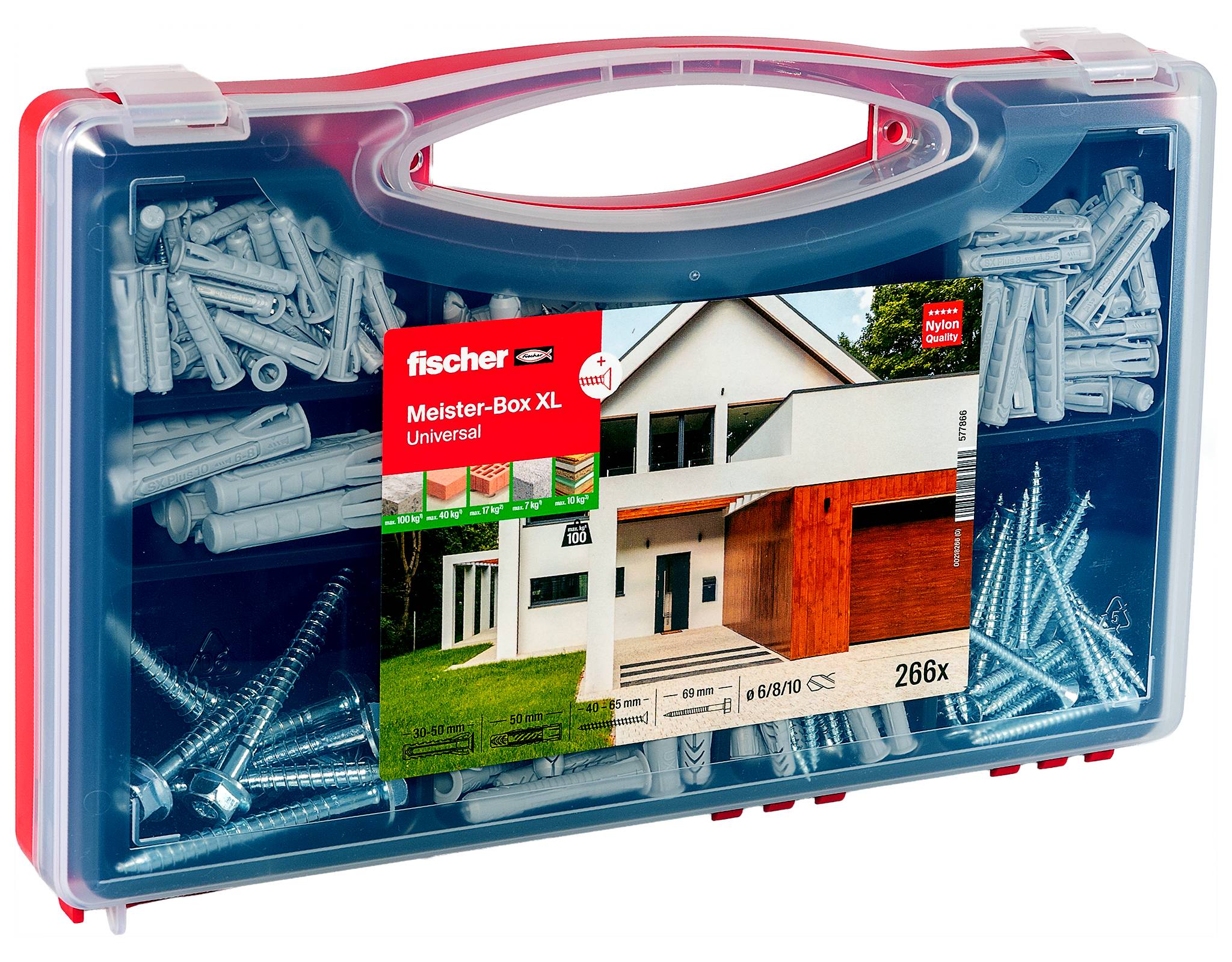 Transparent plastic organizer case filled with assorted wall plugs and screws, labeled 'fischer Meister-Box XL Universal' for home improvement use