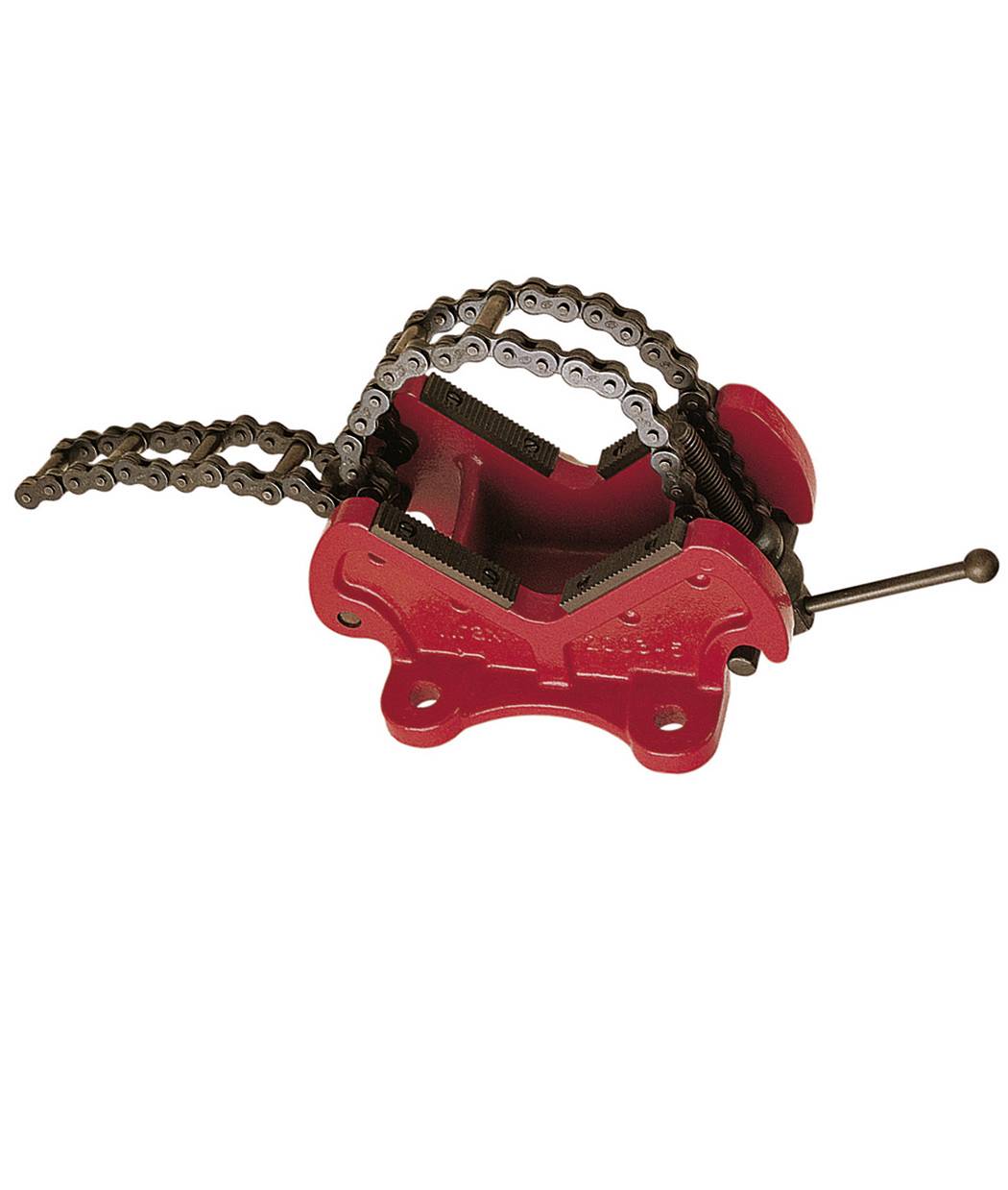 Red pipe vise with a chain clamp and handle, used to grip and hold pipes securely on a white background