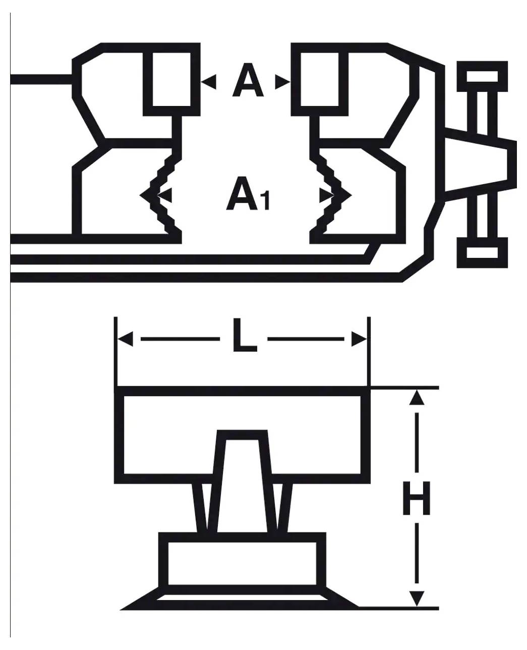 Technical cross-section diagram of a clamped part showing width A, inner section A1, and dimensions L and H.