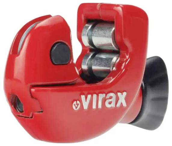 Red Virax pipe cutter with metal cutting wheels and black adjustment knob on a white background.