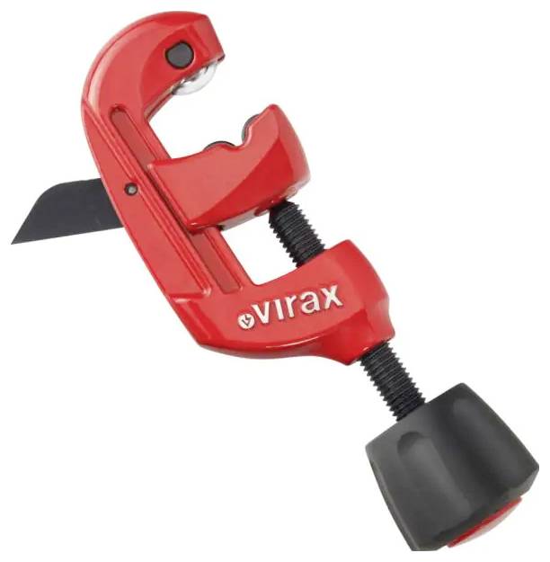 Red Virax pipe cutter with black tightening knob, shown on a white background.