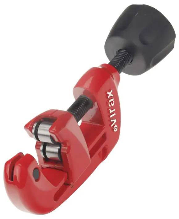 Red pipe cutter with black adjustment knob and roller wheels, shown on a white background.