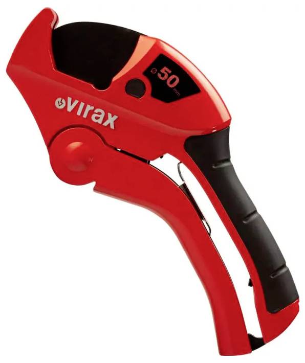 Red Virax pipe cutter with black grip, labeled 50, shown on a white background.