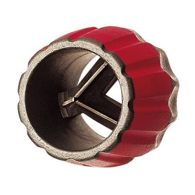 Close-up of a red, ribbed cylindrical metal tool with a hollow center and internal blades, shown on a white background.