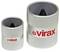 Two ribbed metal pipe fittings of different sizes, each with a black conical insert inside and a red 'virax' logo on the side.