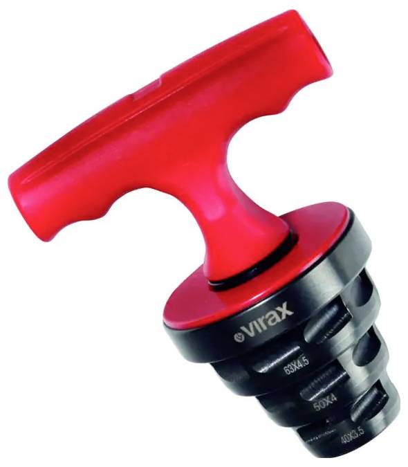 Red handheld pipe threading tool with black adjustable die head, shown on a white background.