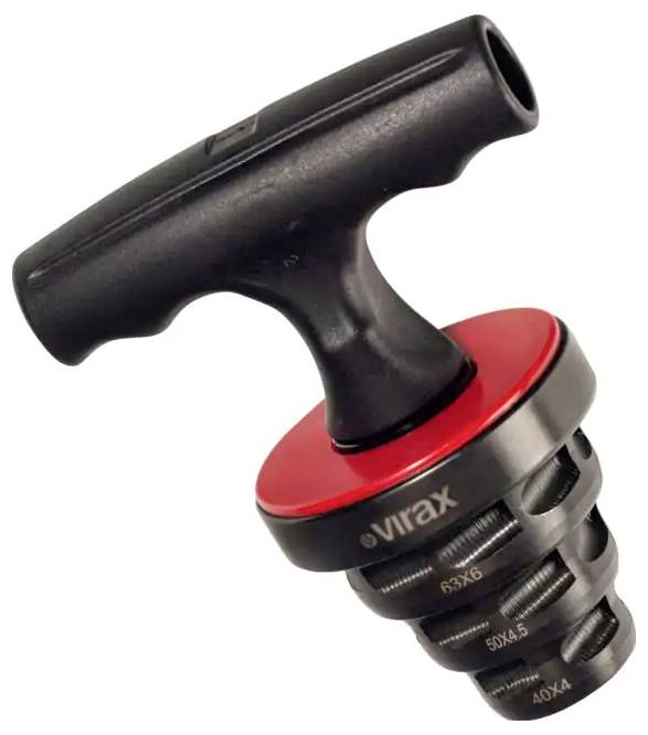 Handheld pipe-threading tool with black T-handle and red/black die head, labeled Virax, shown on white background.