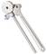 Metal food thermometer with a round dial and long probe on a white background.