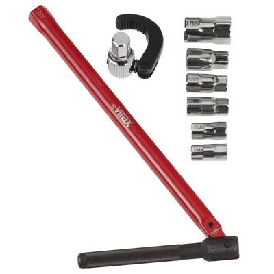 Red VicTorx breaker bar tool with black handle, ratcheting head adapter, and six chrome socket attachments displayed on white background.
