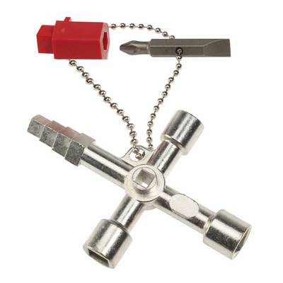X-shaped metal multi-tool keychain with four socket ends and two screwdriver bits on a ball chain.<br>