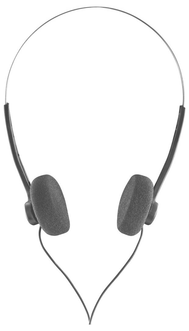 A pair of lightweight wired headphones with black foam ear pads and a thin metal headband, viewed from the front.