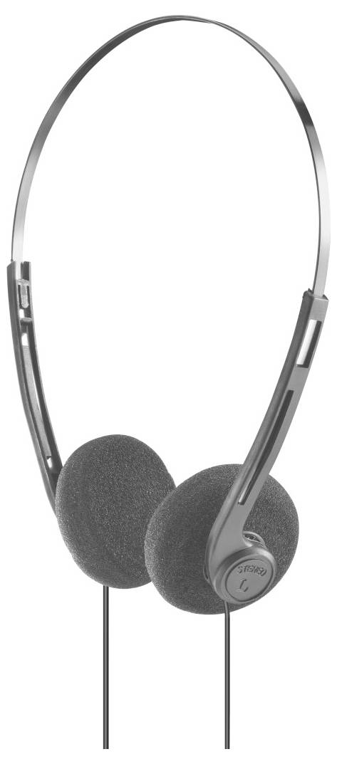 A pair of lightweight, gray foam-padded headphones with a slim metal headband and attached cables.
