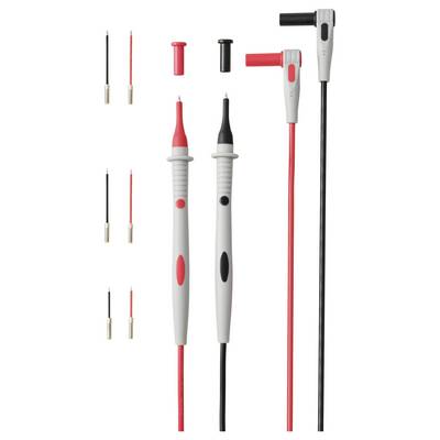 Two multimeter probes with red and black wires, surrounded by multiple interchangeable probe tips and connectors.