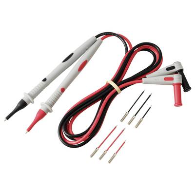 'Red and black multimeter test leads with interchangeable probe tips and alligator clips, used for electrical measurements and testing.'