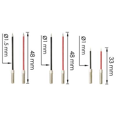 'Three sets of electrical probes with varying lengths and wire thicknesses: two 48mm with 1mm and 1.5mm, and one 33mm with 1mm.'