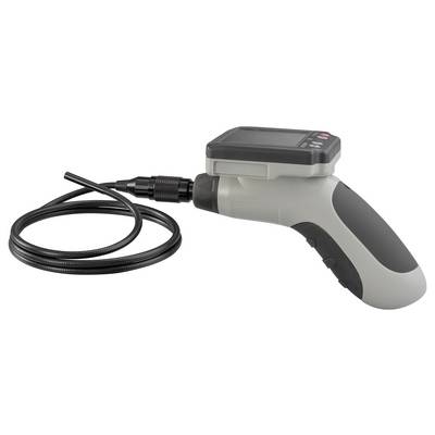 Handheld borescope inspection camera with flexible probe and built-in screen, shown on a white background.