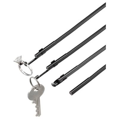 Multiple black coiled key security cables with looped ends and metal fittings, shown with keys attached to one cable.