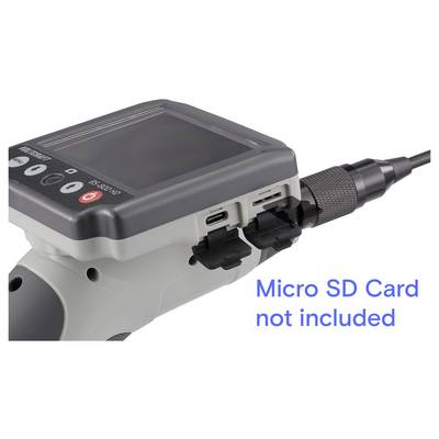 Handheld device with a micro SD card slot and connected cable; text says 'Micro SD Card not included'.