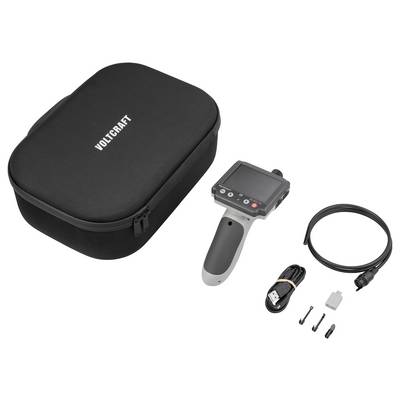 Voltcraft handheld inspection camera kit with carrying case, display probe, cable, USB lead, and small accessories on a white background.