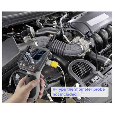 Handheld inspection camera aimed at a car engine bay, with on-image text noting 'K-Type thermometer probe not included'.<br>
