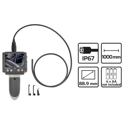 Handheld inspection camera with attached cable and three tool attachments, shown with icons for IP67 waterproofing, 1000 mm cable length, 88.9 mm screen, and 4 AA batteries not included.<br>