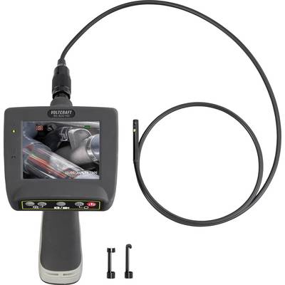 Handheld inspection borescope with display and flexible camera cable, plus two attachments, shown on a white background.