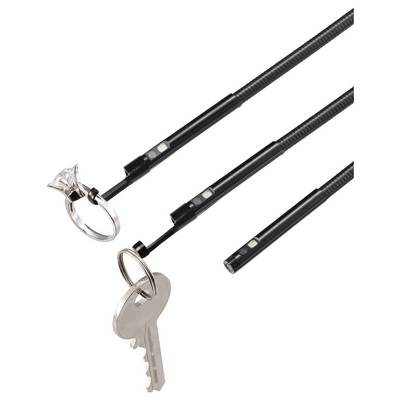 Three extendable magnetic pickup tools shown holding a ring and a key, illustrating a telescoping retrieval tool for small metal objects.