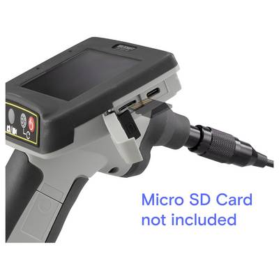 Handheld inspection camera with an open micro SD card slot; on-screen text says 'Micro SD Card not included'.