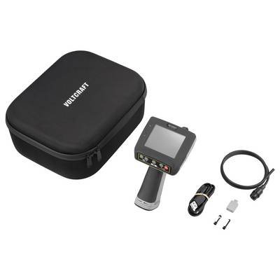 Portable inspection camera kit with carrying case, handheld display unit, cable, charger, and accessories.