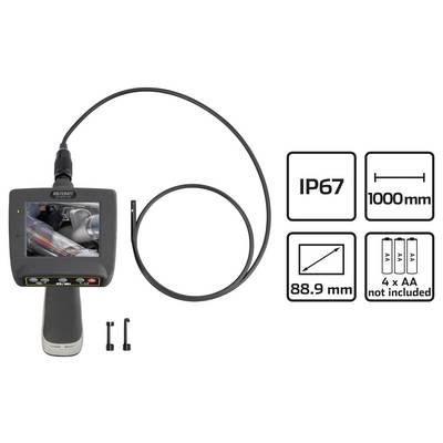 Handheld inspection camera with flexible cable and screen, shown with IP67 rating, 1000 mm cable length, 88.9 mm display, and 4 AA batteries required not included.