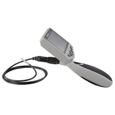 Handheld inspection camera with small screen and attached probe cable on a white background.