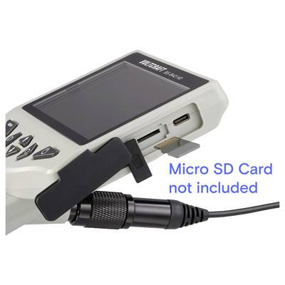 Handheld device with a micro SD card slot and connected cable, labeled 'Micro SD Card not included'.
