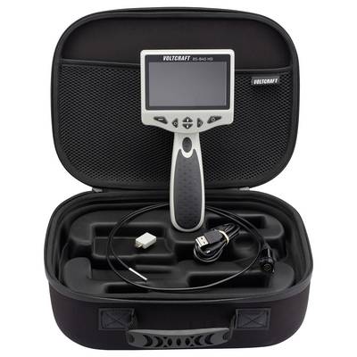 Portable VOlTCRAFT inspection camera kit in a zippered case, showing the handheld monitor, probe cable, and USB accessory.<br>