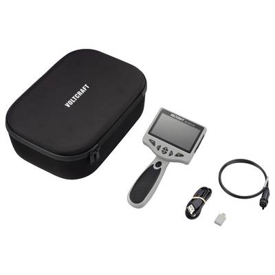Voltcraft handheld inspection camera kit with carrying case, display unit, cable, USB lead, and accessory parts on a white background.