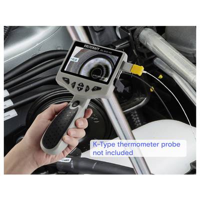 Handheld inspection camera with LCD screen and yellow probe attached to machinery; on-image text says 'K-Type thermometer probe not included'.