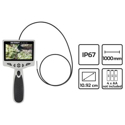 Handheld VOLTCRAFT borescope with small display and flexible probe, showing IP67 rating, 1000 mm cable length, 10.92 cm screen, and 4 AA batteries not included.