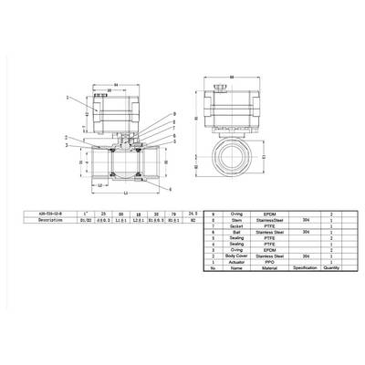 'Technical diagram of an AKD-2151-D-3 ball valve assembly with labeled parts 0-9 and a table detailing description, materials, and quantity.'